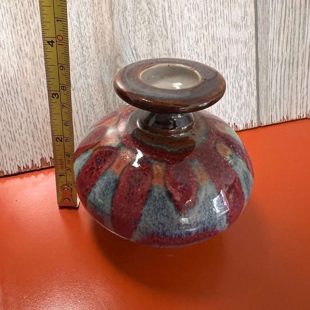 Quality‎ small pottery vase blues and pinks and teals, signed Vintage